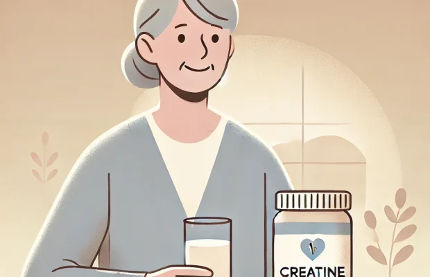 DALL·E 2025 01 18 11.10.05 A simple illustration of an elderly person taking creatine for cognitive health. The image features a calm smiling elderly individual seated at a tab 620x400 1